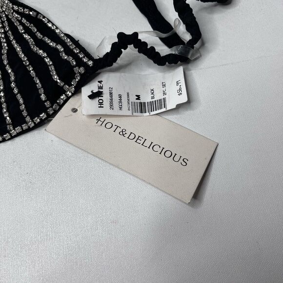 Hot & Delicious Rhinestone Black  Triangle Halter Bikini Top Women’s Size M NWT - Picture 2 of 12